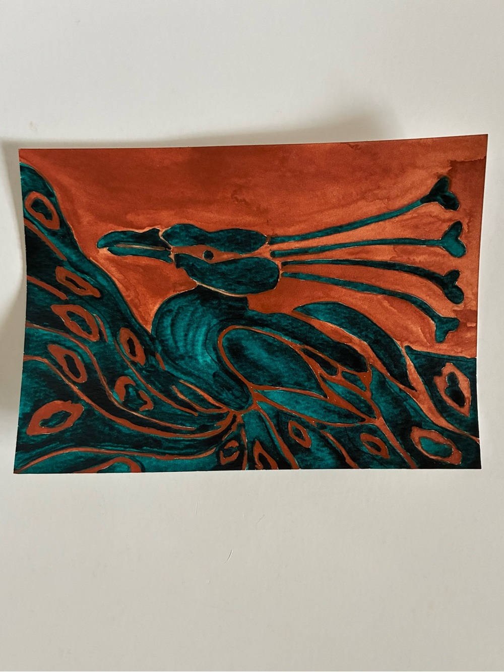 Teal and Copper Peacock Watercolor Painting